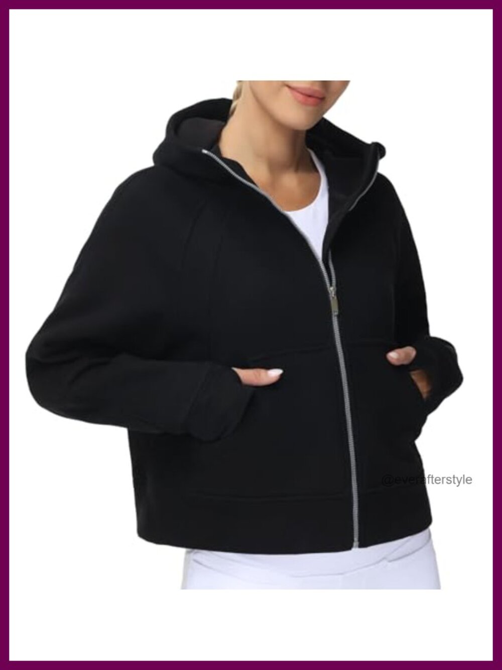 Full-Zip Fleece Hoodie Jacket Crop Top Sweatshirt with Thumb Holes